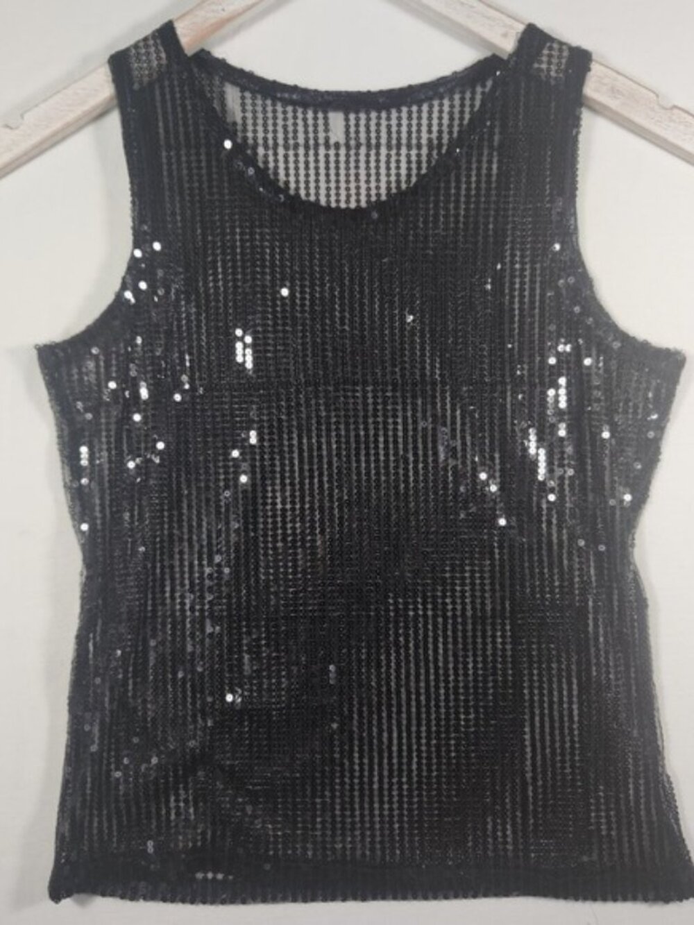 Black Sequin Mesh Tank Top Sleeveless Scoop Neck Shimmer Party Blouse
